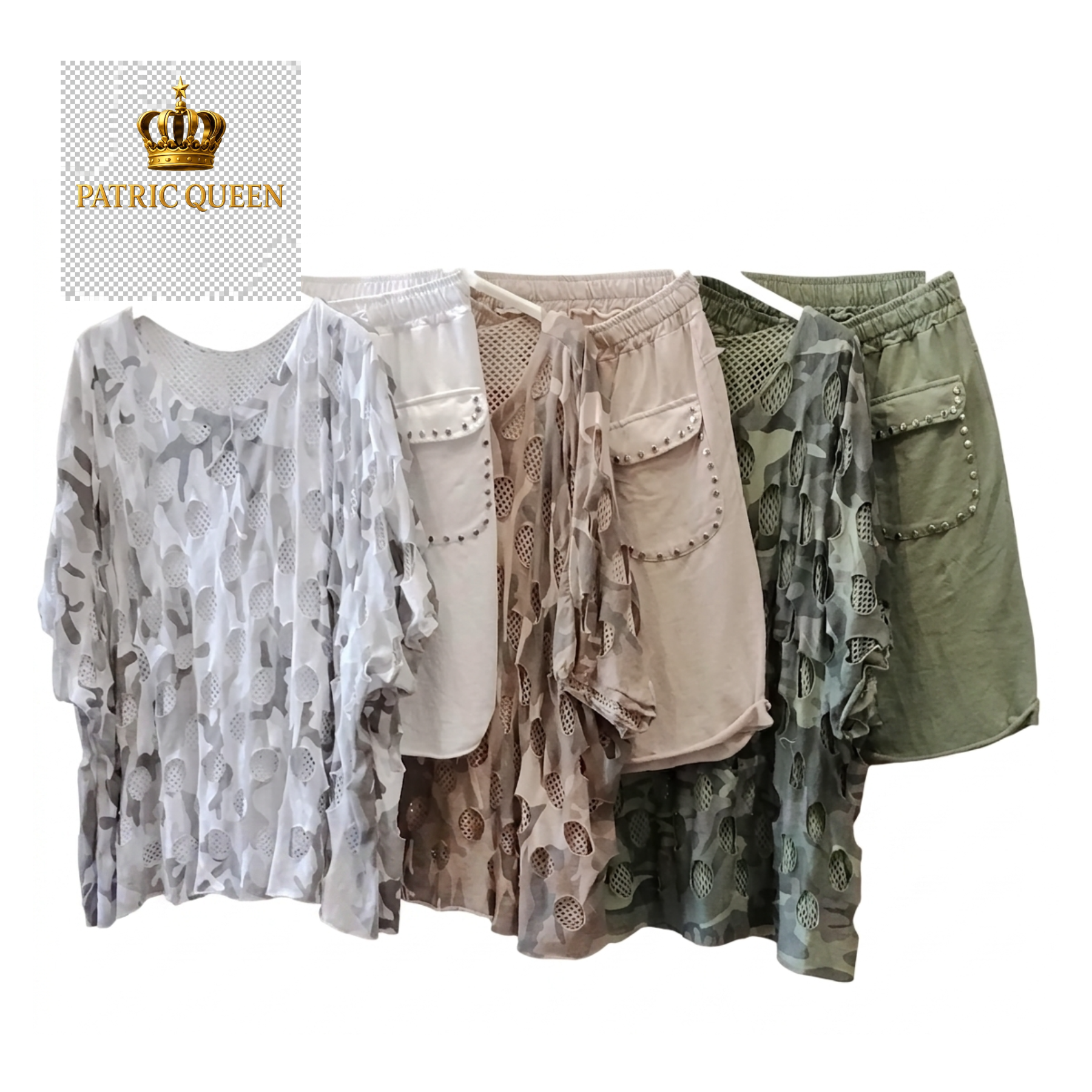 vistiendo conjunto de dos piezas con camiseta calada de camuflaje y pantalón corto con tachuelas de PatricQuee - Imagen 3